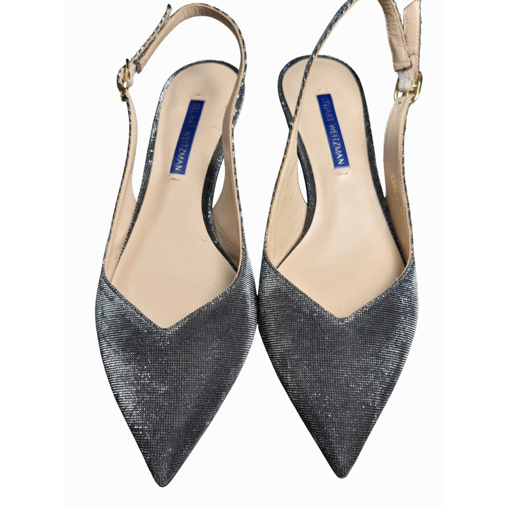 Women's Stuart Weitzman 37.5 Silver Metallic Slingback Kitten Heel Pumps‎